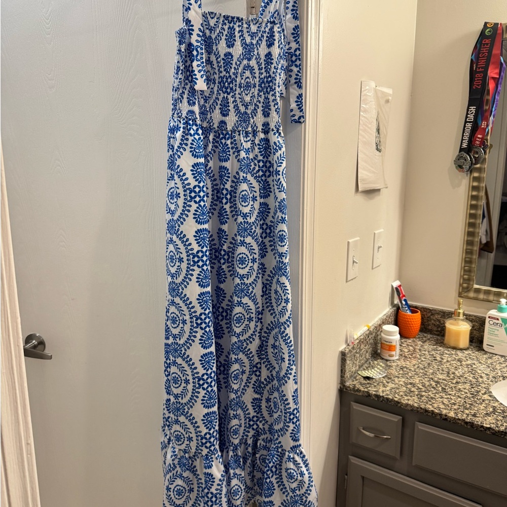 Blue and White Patterned Maxi Dress